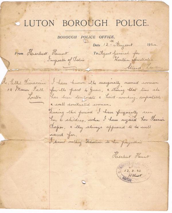 From Luton Borough Inspector of Police (Herbert Hunt) to Agent General for Western Australia (click to view full photo)